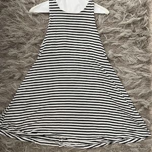 Navy blue and white striped flare dress